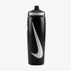 the nike water bottle is black and white with a silver logo on it's side