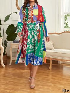 Bjux - Womens Plus Size Retro Lapel Collar Long Dress - Colorblock All Over Print Maxi Dress with Long Sleeves Multicolor Color Block Midi Dress For The Beach, Multicolor Color Block Knee-length Dress, Multicolor Knee-length Color Block Dress, Long Sleeve Multicolor Color Block Dresses, Green Long Sleeve Dress With Colorful Pattern, Multicolor Long Sleeve Color Block Dress, Multicolor Color Block Midi Dress For Spring, Spring Multicolor Color Block Midi Dress, Multicolor Patchwork Knee-length Midi Dress