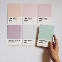 a hand is holding a pantone swatch in front of four different shades of pastel