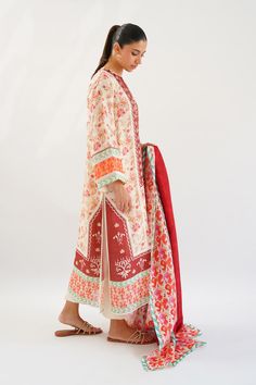 Laiya Bohemian Silk Lawn Suit For Eid, Cream Floral Print Kurta For Festive Occasions, Cream Floral Print Kurta For Festive Season, Bohemian Silk Lawn Suit With Straight Kurta, Traditional Silk Kurta With Floral Print, Silk Lawn Suit With Printed Motifs And Traditional Drape, Traditional Drape Silk Lawn Suit With Printed Motifs, Red Unstitched Lawn Suit For Transitional Season, Printed Silk Lawn Suit For Eid