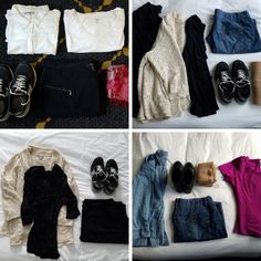 there are four pictures of clothes and shoes on the bed