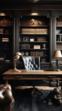 an office with leather chairs and bookshelves