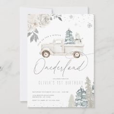 an old truck birthday party card with flowers and trees on the front, in white