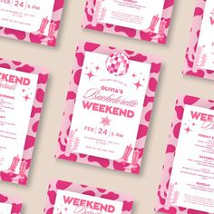 the pink and white flyer is set up for a weekend event with stars on it