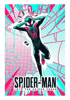 the poster for spider - man into the spiderverse is shown in blue and pink