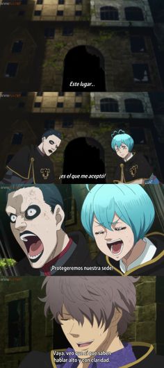 two anime characters with blue hair and black eyes, one is yelling at the other