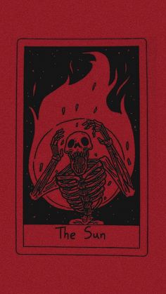 a red and black tarot card with a skeleton on it's chest, in front of a fire