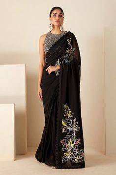 Black skirt saree with pleated draped details, detachable drape with floral pattern, metallic sequin and cut dana work. Paired with padded blouse with clustered pattern, sequin and cut dana embroidery. - Aza Fashions Skirt Saree, Gaurav Gupta, Set Saree, Padded Blouse, Blue Lehenga, Black Saree, Work Skirts, Lehenga Saree, Saree With Blouse