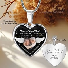 two heart shaped pendants with the words never forget you, and an angel's wing