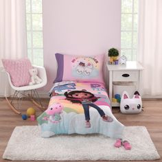 a child's bedroom with pink walls and white carpet