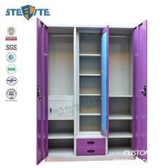 an open purple cabinet with two doors and drawers