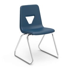 a green school chair with a metal frame on the back and seat, viewed from the front