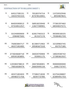 the subtraction to billion sheet worksheet is filled with numbers and letters