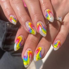 Kenna Crump on Instagram: "This Pride set!!👏🏻 ❤️🧡💛💚💙💜 #pride #pridemonth #pridenails #rainbownails #swirlnails #handpaintednailart #colorfullnails #summernails…" Rainbow Pride Nails, Mom Makeup, Amazing Nail Art, Rainbow Nail Art, Long Nail Art, Retro Nails, Painted Nail Art