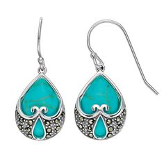 Elevate your ensemble with the eye-catching beauty and style of these Tori Hill Sterling Silver Marcasaite Simulated Turquoise Drop Earrings. Click on this JEWELRY & WATCHES GUIDE to learn about fit, styles, materials and more! FEATURES Length: 20mm Backings: wire Nickel free Metal: sterling silver Finish: antiqued Packaging: boxedSTONE DETAILS Stone type: marcasite Size: One Size. Gender: female. Age Group: adult. Formal Turquoise Teardrop Jewelry, Formal Teardrop Turquoise Jewelry, Elegant Turquoise Teardrop Earrings, Elegant Turquoise Teardrop Pierced Earrings, Hallmarked Turquoise Sterling Silver Earrings, Turquoise Sterling Silver Chandelier Earrings, Nickel-free Turquoise Beaded Earrings In Sterling Silver, Turquoise Sterling Silver Nickel-free Hoop Earrings, Turquoise Southwestern Nickel-free Hoop Earrings