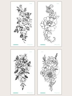 four black and white floral cards with different flowers on the front, one is drawn in pencil