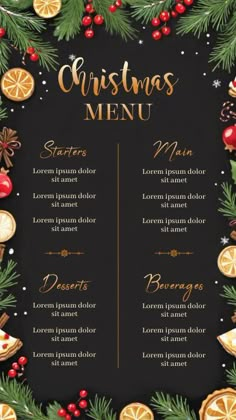 a christmas menu with oranges, pine cones and fir branches on a black background