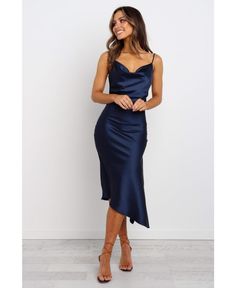 in stock Navy Blue Satin Dress, Navy Blue Silk Dress, Navy Satin Dress, Navy Dress Outfits, Silk Dresses Outfit, Navy Silk Dresses, Gaun Koktail, Blue Satin Dress, Blue Silk Dress