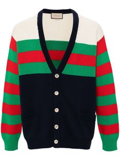 navy blue/multicolour cotton-wool blend knitted construction signature Web-stripe detailing ribbed V-neck front button fastening long sleeves ribbed cuffs and hem two front patch pockets straight hem Gucci Blue Casual Sweater, Casual Blue Gucci Sweater, Gucci Multicolor Outerwear For Fall, Gucci Multicolor Fall Outerwear, Gucci Casual Blue Sweater, Classic Gucci Wool Cardigan, Gucci Blue Long Sleeve Sweater, Gucci Designer V-neck Cardigan, Casual Gucci Cardigan For Work