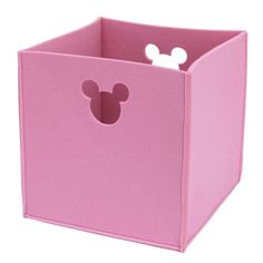 a pink storage box with mickey mouse ears on the front and back sides, for children's toys