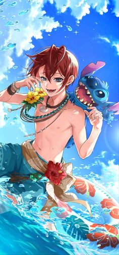 an anime character is floating in the water with a fish on his chest and holding a flower