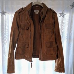 Excellent Used Condition Soft Camel Colored Leather, Zipper Sleeves, Four Functional Front Pockets Utility Leather Jacket For Fall Workwear, Brown Utility Outerwear With Zipper Closure, Leather Jacket With Multiple Pockets For Fall, Fall Leather Outerwear With Multiple Pockets, Fall Leather Utility Jacket With Long Sleeves, Brown Leather Utility Jacket For Fall, Leather Utility Jacket With Long Sleeves For Fall, Brown Biker Jacket With Flap Pockets For Fall, Brown Utility Leather Jacket For Fall