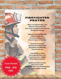 a firefighter prayer poster on a brick wall