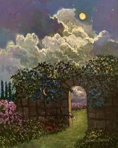 an oil painting of a garden with flowers and clouds in the sky, along with a path leading to a gate