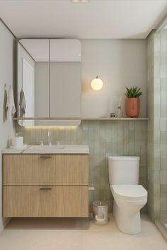 a white toilet sitting next to a bathroom sink under a mirror on top of a wooden cabinet