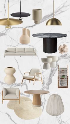 an assortment of modern furniture and lamps on a white marble background with text overlay