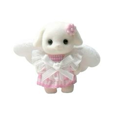 a small white stuffed animal wearing a pink and white dress with angel wings on it's chest