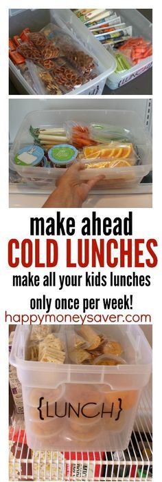 there are pictures of food in the refrigerator with words on it that read make ahead, cold lunches, and make all your kids lunches only once per week