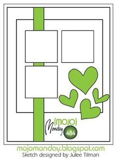 a green and white scrapbook page with hearts on the cover, in front of a square