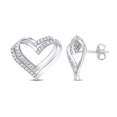 Express how much love means to you with the beautiful woven design of these diamond double heart stud earrings in sterling silver. Crafted in sterling silver Each earring showcases a pair of heart outlines in a layered and interwoven design. Diamonds and beaded details sparkle along half the look in a playful arrangement. Radiant with 1/5 ct. t.w. of diamonds These post earrings secure comfortably with friction backs.