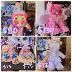 four different pictures of stuffed animals with numbers on them and prices for each item in the background