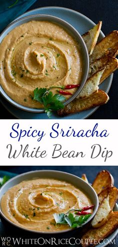 spicy sriraca white bean dip in a bowl with grilled bread on the side