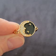 Brand New Adjustable Ring With A Black Enamel Face, Moon And Stars. Size 6, Will Adjust To An 7 1/2. High-Quality 18k Rose Gold Plating, Waterproof, Rustproof. Will Last Forever. 16 Celestial Ring, Ring Color, Moon And Stars, 925 Silver Rings, Adjustable Ring, Black Enamel, Shop Wallpaper, Womens Jewelry Rings, Cocktail Rings