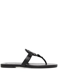 black thong strap cut-out detailing flat rubber sole Tory Burch Sandals Black, Tory Burch Sandals, Leather Thong Sandals, Embellished Sandals, Chanel 2, Black Leather Sandals, Tory Burch Miller, Iconic Bags, Demi Fine Jewelry