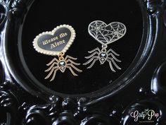 Gothic Victorian Brooch Set by @girlypop. Weave Me alone and Spiderweb pin available at Etsy.com/shop/girlypop. . . . . . . . . . . . . . . . . . . . . . . . . #spider #spiderwebjewelry #gothicenamelpin #gothic #gothicvictorian #goth #sogoth #black #blackblackblack #witchy #gothicframe #brooch #lapelpinbroochset #pinset #lapelpin #enamelpin #pingame #pingamestrong #vintageinspired Black Halloween Party Brooch, Black Halloween Pins As Gifts, Gothic Halloween Brooch Jewelry, Gothic Halloween Brooches For Gift, Halloween Gothic Brooch Jewelry, Silver Brooch Jewelry For Halloween, Spooky Black, Victorian Brooch, Enamel Pin Collection