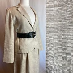 "Very well & nicely hand made vintage linen suit. Fully lined. I'm perfect condition. Raw un bleached linen color, natural. Nubby heavy weight linen. Single button blazer with pockets. 2 wide pleats in the front of skirt. Gathers in the back. A line shape. Hits about just below the knee. This has shoulder pads! ( Belt is for photos only) I have great belts though if you're looking! 😊 ✏️✏️DETAILS ✏️✏️✏️ Brand: hand made Size on tag: none Fits like: 8 maybe 10 please check measurements Color: Double-breasted Linen Blazer With Buttons, Tailored Double-breasted Linen Blazer, Vintage Single-breasted Linen Blazer, Vintage Double-breasted Blazer With Button Closure, Vintage Single-breasted Cotton Blazer, Slacks Trousers, Blazer And Skirt Set, Single Button Blazer, Blazer And Skirt