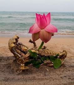 a large pink flower sitting on top of a sandy beach next to the ocean with two alligators