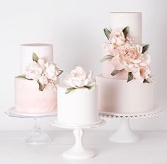 three different types of wedding cakes with flowers on each cake stand, one is white and the other is pink