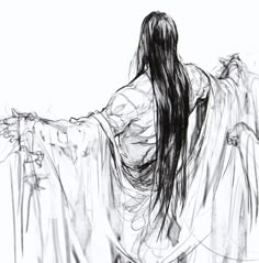 a black and white drawing of a woman with long hair