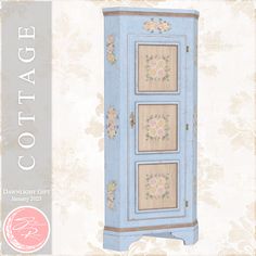 an ornate blue cabinet with floral designs on the doors and drawers is featured in this digital collage