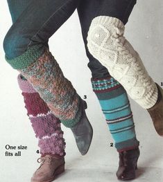 the legs and leg warmers are crocheted in different colors, patterns, and sizes