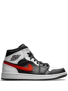 Black/white leatherr/rubber Air Jordan 1 Mid sneakers from JORDAN featuring round toe, flat rubber sole, front lace-up fastening, branded insole and ankle-length. These styles are supplied by a premium sneaker marketplace. Stocking only the most sought-after footwear, they source and curate some of the most hard to find sneakers from around the world.. | Jordan Mid sneakers Jordan Air 1 Mid, Jordan Mid, Mid Sneakers, All Nike Shoes, Jordan Air, Red Sneakers, Air Jordan 1 Mid, Jordan 1 Mid, Dream Shoes