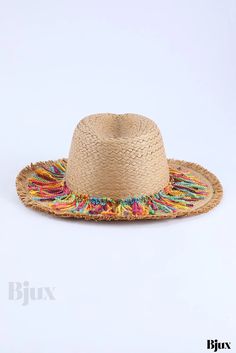 Bjux - Elegante sombrero de playa con detalle de flecos, hecho de trenza de paja Multicolor Woven Straw Hat For Beach Season, Fun Fedora Straw Hat For Beach, Multicolor Straw Hat For Spring, Adjustable Beach Hat One Size, Multicolor Flat Brim Hat For Vacation, Multicolor Summer Hats For Vacation, Multicolor Summer Hat For Vacation, Multicolor One Size Straw Hat For Spring, Multicolor Flat Brim Summer Hat