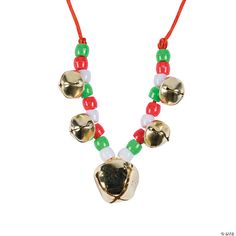 a necklace with bells and beads on a white background