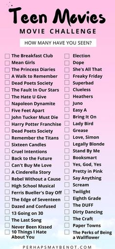 the ten movies movie challenge is shown in pink with black and white text on it