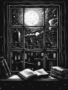 an open book sitting on top of a window sill in front of a night sky